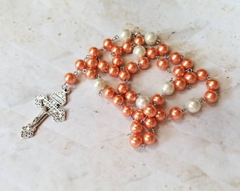 Lutheran prayer beads, Lutheran rosary, stainless steel, hand-wired, orange and white glass pearls, detailed crucifix, gift for Mom