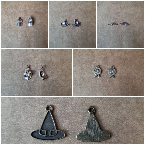 Destash charms, silver or bronze metal charms, destash hat charms, ball cap, cowboy hat, ladies hat, witch hat, choice of six styles