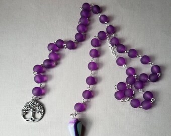 Druid's Ladder, Asatru, Heathen, Pagan prayer beads, stainless steel, purple frosted glass, purple and green pendulum, dowsing pendulum