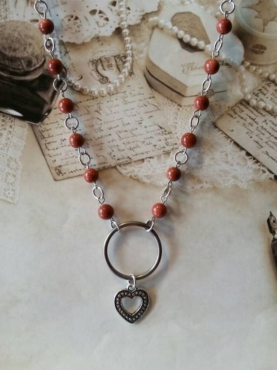 Heart day collar, Goldstone beads, discreet day collar, symbolic jewelry, BDSM collar, submissive collar, stainless O ring, heart charm