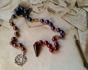 Mabon prayer beads, pagan prayer beads, Mabon witches prayer beads, stainless steel, glass pearls, Tiger's Eye pendulum, pentagram charm