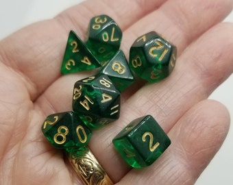 Translucent green 10mm Mini Dnd dice, polyhedral gaming dice, DnD dice set, RPG dice, D and D dice, set of 7 DnD dice, 10mm