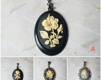Cameo pendant, cameo cat cameo pendant, Valentine gift idea, Hibiscus cameo pendant, Rose cameo pendant, Peony cameo pendant, Mermaid cameo