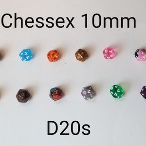 May include: Ten 10mm Chessex D20 dice in various colours, including blue, orange, gold, pink, green, and purple. The dice are translucent and have white numbers.