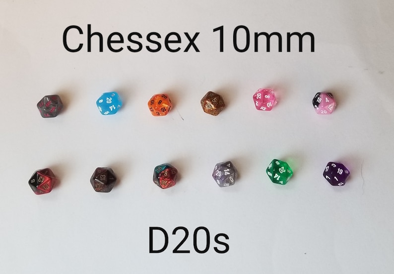 May include: Ten 10mm Chessex D20 dice in various colors, including blue, orange, gold, pink, green, and purple. The dice are translucent and have white numbers.