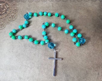 Orthodox prayer beads, Orthodox Chotki, green and blue glass beads, plain cross, gunmetal toned, Orthodox Chotki, Komboskini, hand-wired