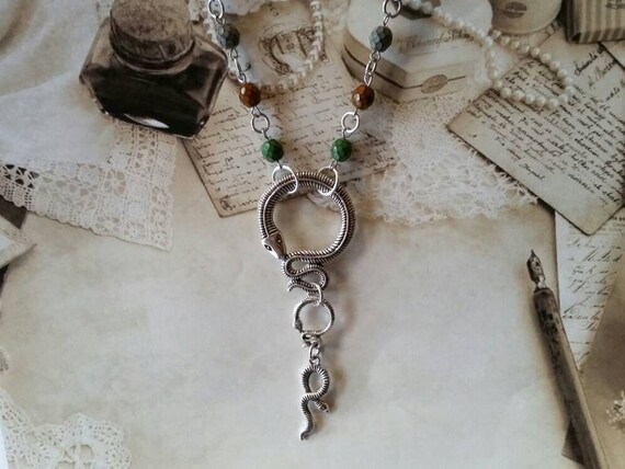 Snake day collar, Czech glass, discreet day collar, symbolic jewelry, BDSM collar, submissive collar, silver toned, 3 snake charms, camo