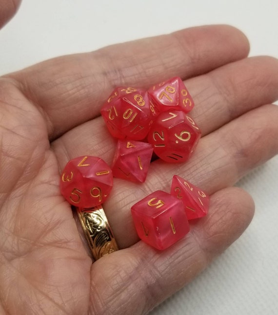 Pearly reddish pink and gold mini Dnd dice, mini polyhedral gaming dice, DnD dice set, RPG dice, D and D dice, set of 7 DnD dice, 10mm dice