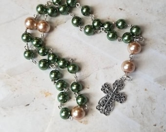 Anglican Prayer beads, religious, green and beige glass pearl, Methodist, Episcopal, Protestant prayer beads, filigree cross, silver-toned