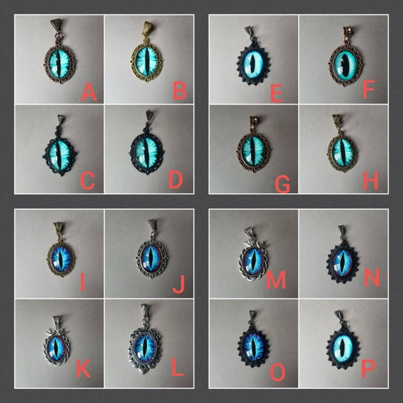 Dragon eye pendant, dragon eye necklace, silver-toned frames, cat eye jewelry, demon eye pendant, glass eye cabochons, aqua or blue eyes
