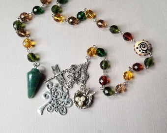 Lammas prayer beads, Witches rosary,pagan prayer beads, Czech glass beads, Autumn colors, Green Aventurine stone, Silver charms, hand-wired