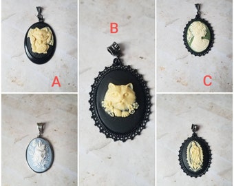 Cameo pendant, cameo necklace, cameo jewelry, cat cameo pendant, lucky cat cameo pendant, floral cameo pendant, Our lady of Guadalupe cameo