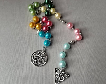 Ostara prayer beads, pagan prayer beads, witches prayer beads, stainless steel, glass pearls, eight colors, Celtic knotwork charm, Triquetra