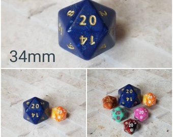 Blue pearl 34mm Jumbo d20, blue with gold numbers, giant dnd dice, 34mm d20 dice, huge dnd dice, jumbo d20, RPG dice
