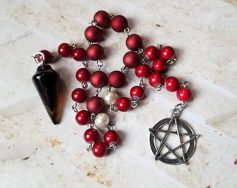 Yule prayer beads, pagan prayer beads, witch prayer beads, stainless pins, gemstone pendulum, Goddess prayer beads, elemental prayer beads