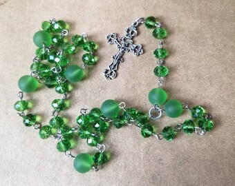 Lutheran prayer beads, Lutheran rosary, green frosted sea glass, green faceted glass beads, silver toned, filigree crucifix, hand-wired,OOAK