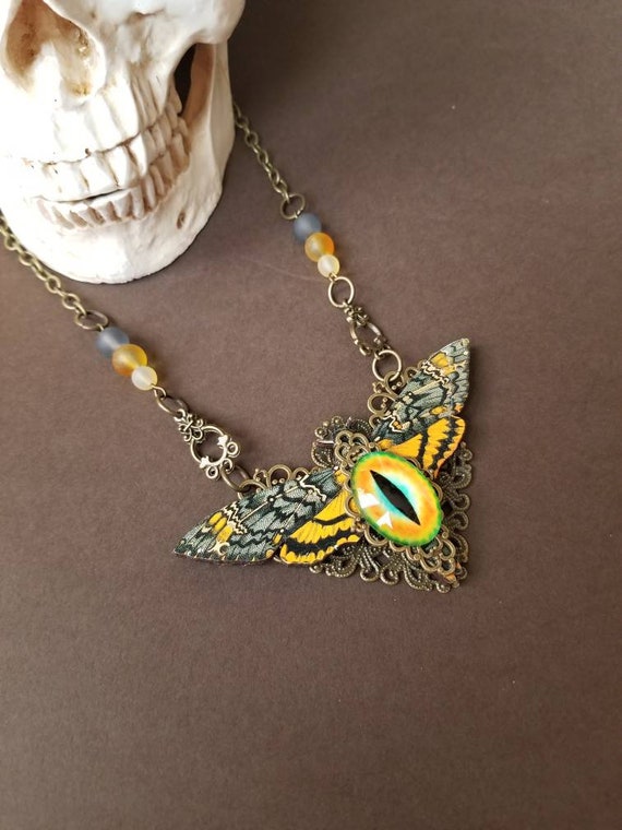 Death's head moth necklace, Steampunk assemblage, wood lasercut Hawk moth, bronze tone, orange dragon eye, cultured sea glass, Victorian