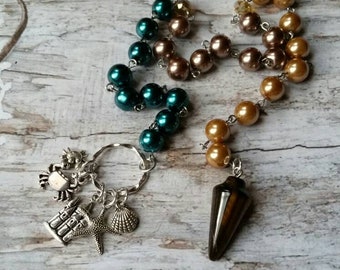 Summer prayer beads, pagan prayer beads, Beach themed prayer beads, stainless steel, glass pearls, Tiger's Eye pendulum, 5 nautical charms