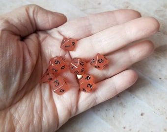 Orange glow in the dark 10mm Mini Dnd dice, polyhedral gaming dice, DnD dice set, RPG dice, D and D dice, set of 7 DnD dice, 10mm dice,