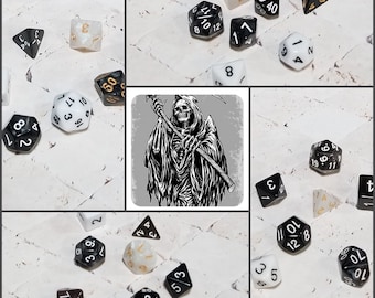 Grim Reaper black and white 16mm dnd dice sets, themed hand picked dnd dice, curated set, polyhedral dice, D and D dice, gaming dice