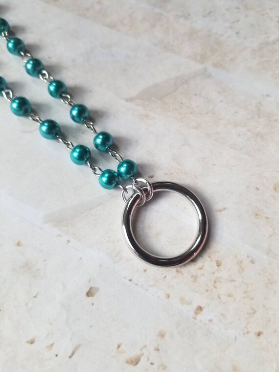 Kitten day collar, discreet day collar, blue glass pearls, BDSM collar, O ring necklace, solid cast O ring, hand wired, stainless steel pins