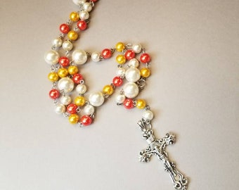 Lutheran prayer beads, Lutheran rosary, stainless steel, hand-wired, Halloween themed,  candy corn color glass pearls, Fall prayer beads