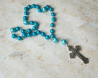 Anglican Prayer beads, Episcopal, Protestant prayer beads, Methodist, blue glass pearls, hand-wired, stainless steel, lattice style cross