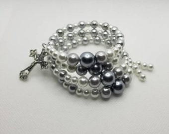 Orthodox prayer bracelet, Orthodox Chotki, 100 bead Orthodox Christian prayer bracelet, memory wire, multi-loop, gray and white, religious
