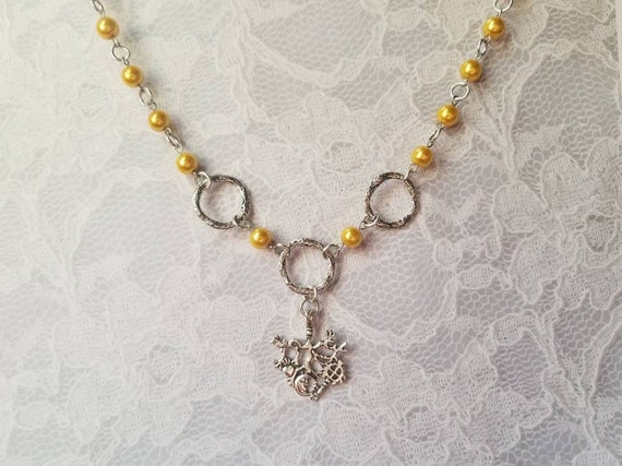 Cimaruta necklace, Cimaruta jewelry, Italian witches amulet, stainless steel pins, golden glass pearls, textured o rings, Stregheria amulet