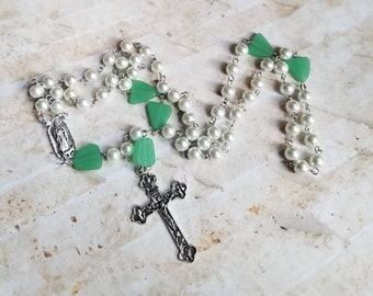 Catholic rosary, five decade rosary, stainless steel pins, white glass pearls, green sea glass, Guadalupe center, budded crucifix