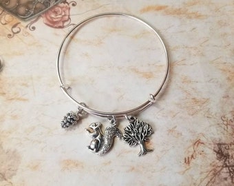 Squirrel bracelet, squirrel charm bangle, expandable bangle, squirrel application day,  charm bracelet, expandable charm bangle, unique gift
