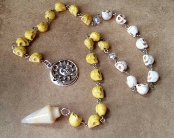 Day of the Dead prayer beads, Dia de Los Muertos prayer beads, pagan prayer beads, stainless steel, yellow and ivory,  Crazy Lace Agate