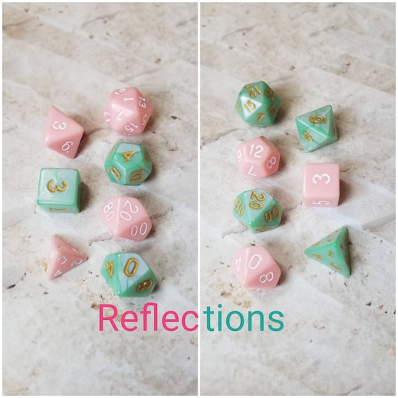 Reflections dnd dice, pink and green curated dice set, polyhedral dice, DnD dice set, RPG, gaming dice, set of 7 dice, hand picked set, 16mm