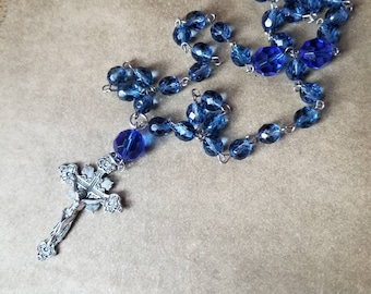 Orthodox prayer beads, Orthodox Chotki, blue faceted Czech glass beads, budded crucifix, silver toned, Orthodox Chotki, Komboskini,OOAK