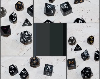 Sets of 7 black 16mm dnd dice, polyhedral gaming dice, DnD dice set, RPG dice, D and D dice, D and D dice, gaming dice, curated sets