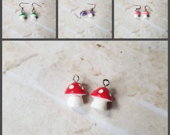 Whimsical earrings, kitschy earrings, magic mushroom earrings, shroom earrings, mushroom earrings, stainless steel wires
