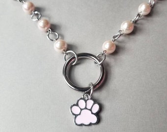 Kitten day collar, discreet day collar, pink glass beads, BDSM collar, O ring necklace, silver day collar, princess collar, pink paw
