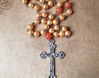 Orthodox Christian Chotki, gunmetal, golden glass pearls, gold Malay jade, silver-toned, budded crucifix, hand-wired, OOAK, Komboskini