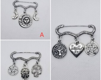 Goth brooch pin, Pagan jewelry,   three charm pin, Spooky jewelry,  Goddess pin, Raven skull pin, cosplay jewelry, Goth jewelry, silver pin