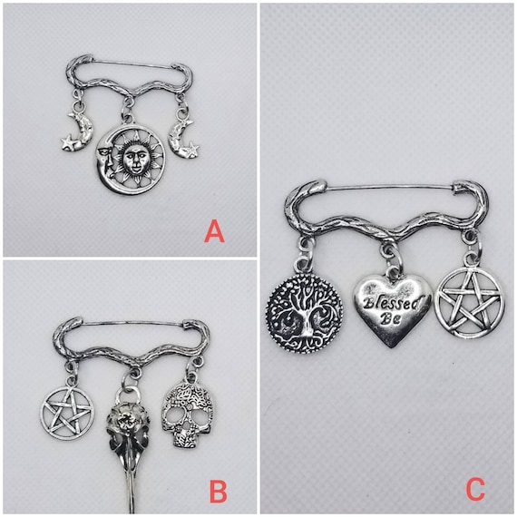 Goth brooch pin, Pagan jewelry, three charm pin, Spooky jewelry, Goddess pin, Raven skull pin, cosplay jewelry, Goth jewelry, silver pin