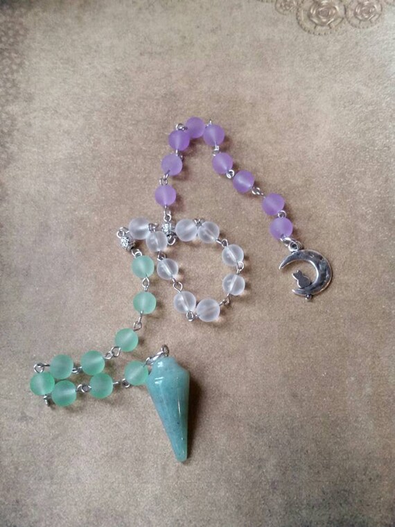 Samhain prayer beads, pagan prayer beads, Samhain witches prayer beads, stainless steel, sea glass, Green Aventurine, cat on a crescent moon