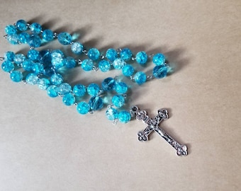Lutheran prayer beads, Lutheran rosary, stainless steel, hand-wired, blue and clear  crackled glass beads, blue faceted Czech glass, silver