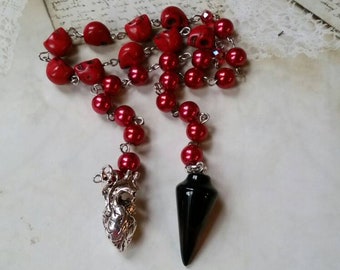 Day of the Dead prayer beads, Dia de Los Muertos prayer beads, pagan prayer beads, stainless steel, red skull beads, anatomical heart