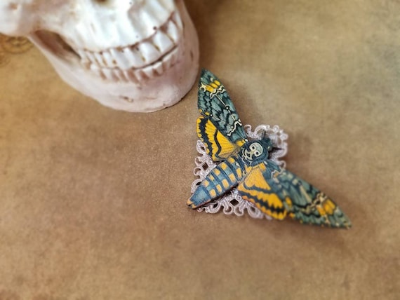Deaths Head moth brooch, Death's head moth pin, rose gold accents, wood lasercut moth, Hawk moth, Death head moth jewelry, unique brooch