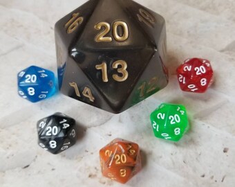 Super Mega Jumbo 55mm d20, black translucent 55mm d20, oversized d20, extra large sized d20, dnd dice, rpg dice, massive countdown dice