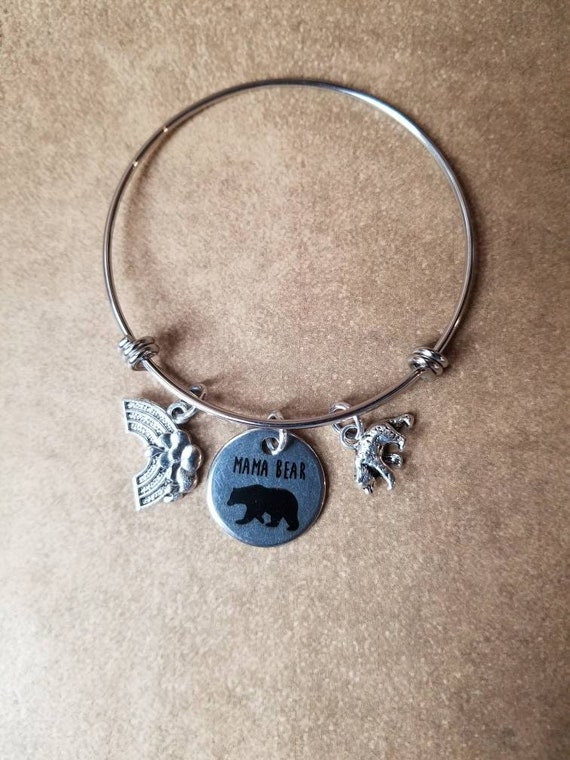 Mama Bear pride bracelet, LGBT pride bangle, expandable bangle, charm bangle, rainbow bangle, silver-toned, stainless steel