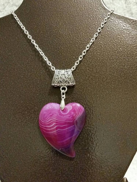 Pink and purple Banded Agate pendant, polished Agate heart, gemstone heart necklace, silver metal bail, Banded Agate heart pendant