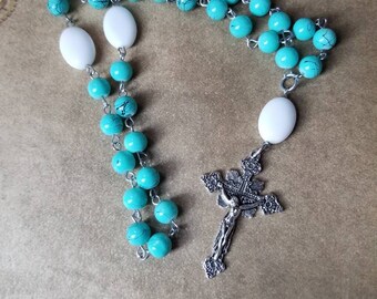 Orthodox prayer beads, Earth Day, Orthodox Chotki, Komboskini, stainless steel, turquoise and white, detailed crucifix, Spring colors