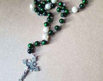 Lutheran prayer beads, religious, gorgeous green and ivory,  budded detailed silver metal crucifix, hand-wired, OOAK, Lutheran rosary