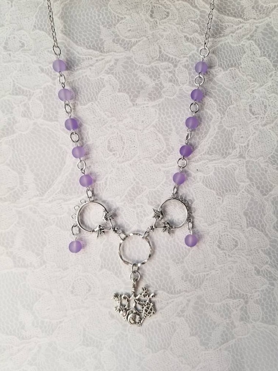 Cimaruta necklace, Cimaruta jewelry, Italian witches amulet, stainless steel pins, pastel purple sea glass, silver toned bird connectors